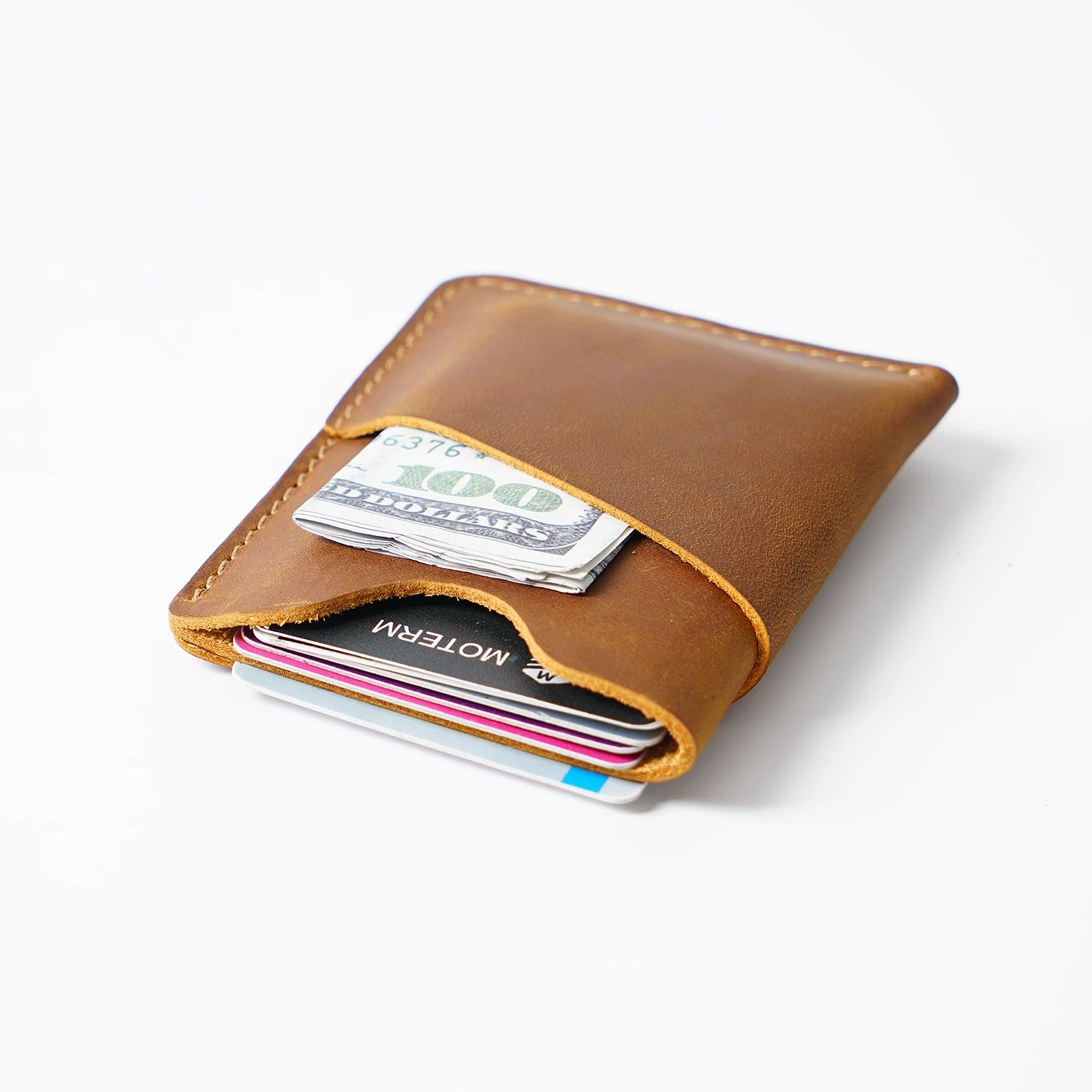 Original Handmade Top-Grain Leather Vintage Men's Card Holder Wallet Compact Casual Money Clip with Coin Pocket