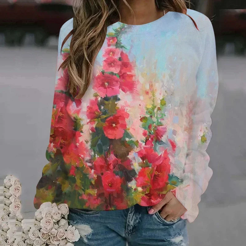 thumbnail image 1 of Camiseta de manga larga con estampado de pinturas al óleo en 3D de moda de primavera y otoño para mujer, jersey con estampado floral, ropa Harajuku, tops para mujer, 1 of 5