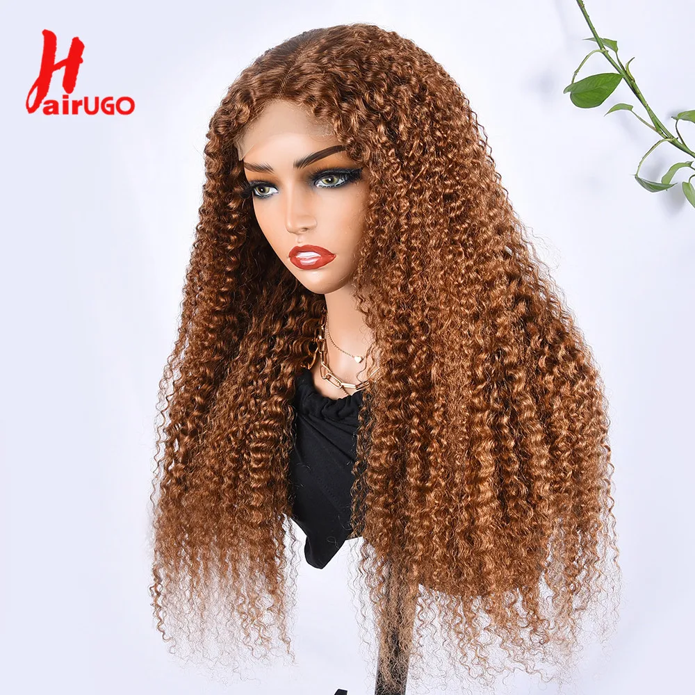 HairUGo 30 Kinky Curly Lace Closure Wig Brown 4x4 Lace Closure Human