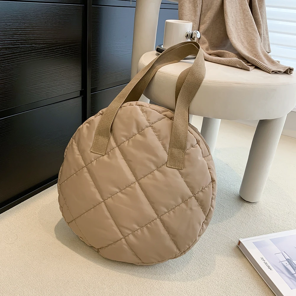 Autumn Winter Shoulder Bag Cotton Padded Round Clutch Handbag Nylon Shoulder Tote Rhombus Pattern Circle Zipper for Women Girl