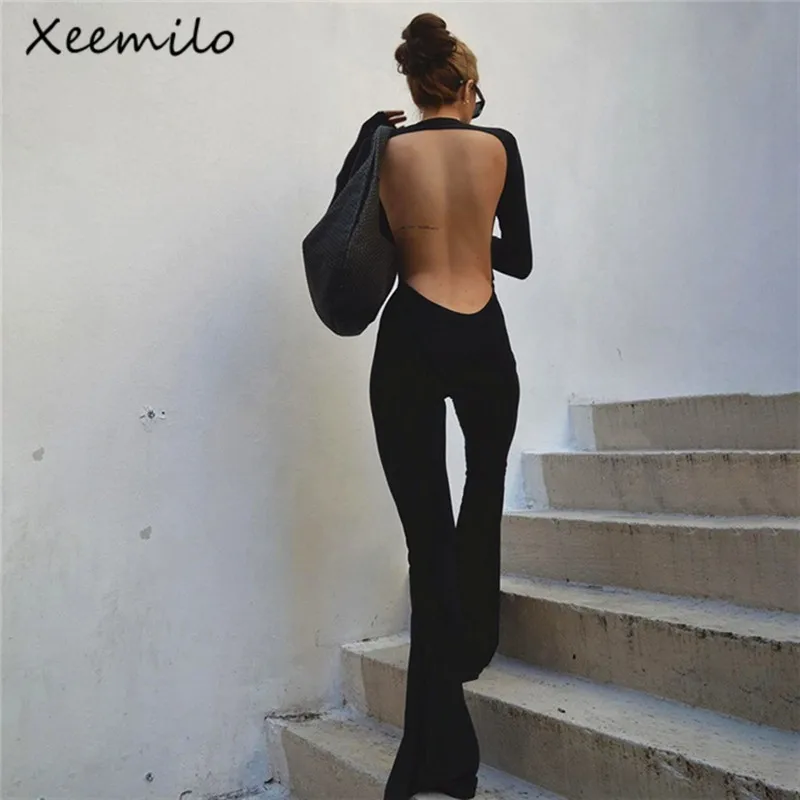 

Сексуальный черный эластичный комбинезон Xeemilo с открытой спиной, летний Повседневный женский комбинезон с расклешенными брюками, облегающие Женские комбинезоны с длинным рукавом