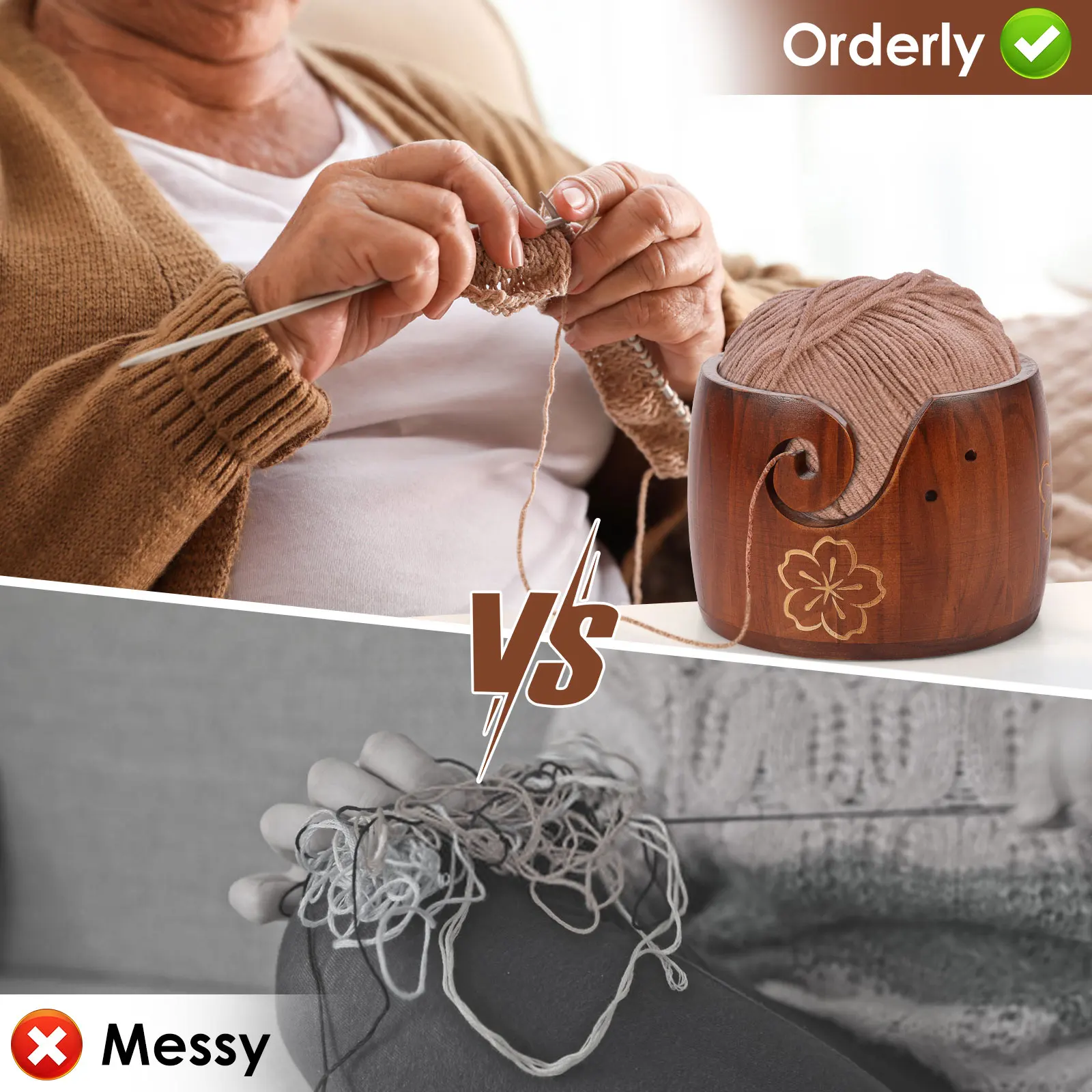 Wood Yarn Bowl Crochet Organizer Box Wool Knitting Storage Basket Wool Organizer Holder Knitting Crochet Weaving Tool