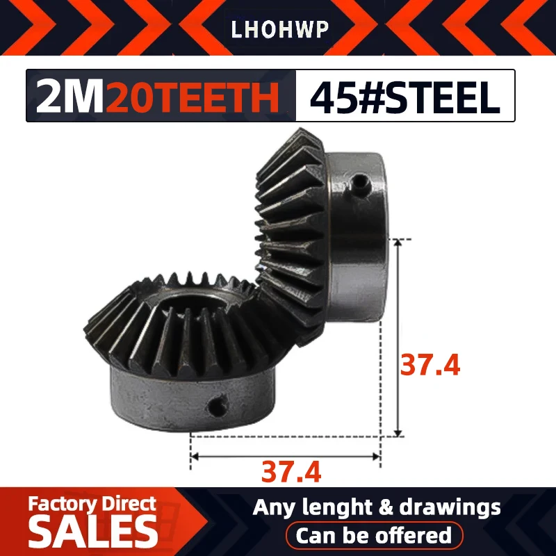 Bevel Gear 2pcs 2M 20Teeth Inner Hole 8/10/12/14/15/16/17/18/19/20 mm Gear 90 Degrees Meshing Angle Steel Gears Screw Hole M5 transmission gear