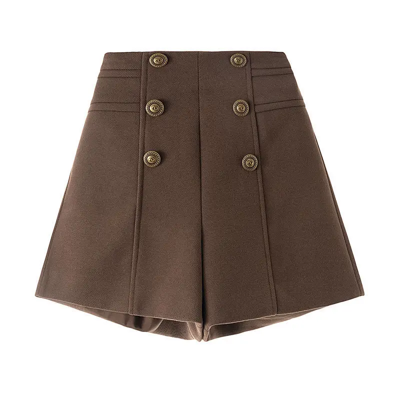 Autumn New Button Patchwork A-line Shorts All-match Loose Solid Zipper Office Wide Leg Pants Vintage Elegant Women Clothing