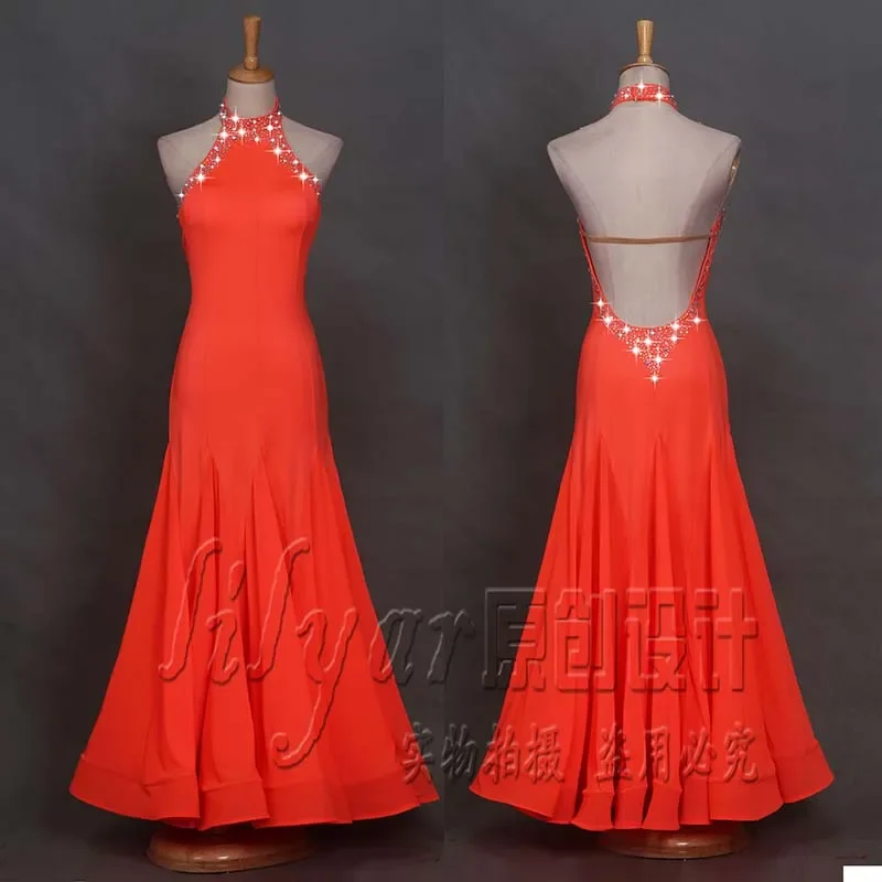 Adult children orange slim ballroom dance dress standard skirt competition dress costumes performing