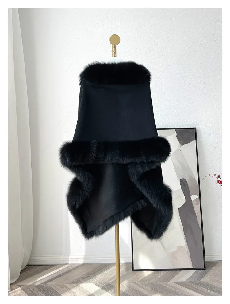 Luxus Frauen Herbst Warme 100% Wolle Schal mit Echten Fuchs Pelz Trim Winter Lange Pashmina Dicken Poncho Wraps Fashoin Cape – Detail 34