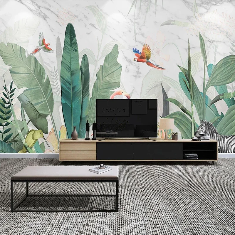 Papel pintado con foto 3D personalizado, cuadro de pared moderno de bosque  Tropical, hoja, Animal, flamenco, Mural de fondo de TV para sala de estar -  AliExpress