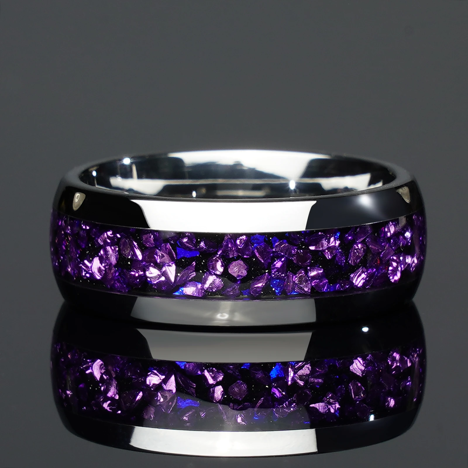4/8mm Nebula Amethyst Silver Couple set Tungsten Ring, Wedding Engagement Band For Him And Her