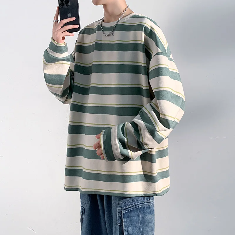 Striped Men Sweatshirts Spring Autumn Long Sleeve T-shirt O-neck Loose Korean Harajuku Casual Young Men's Streetwear Pullovers