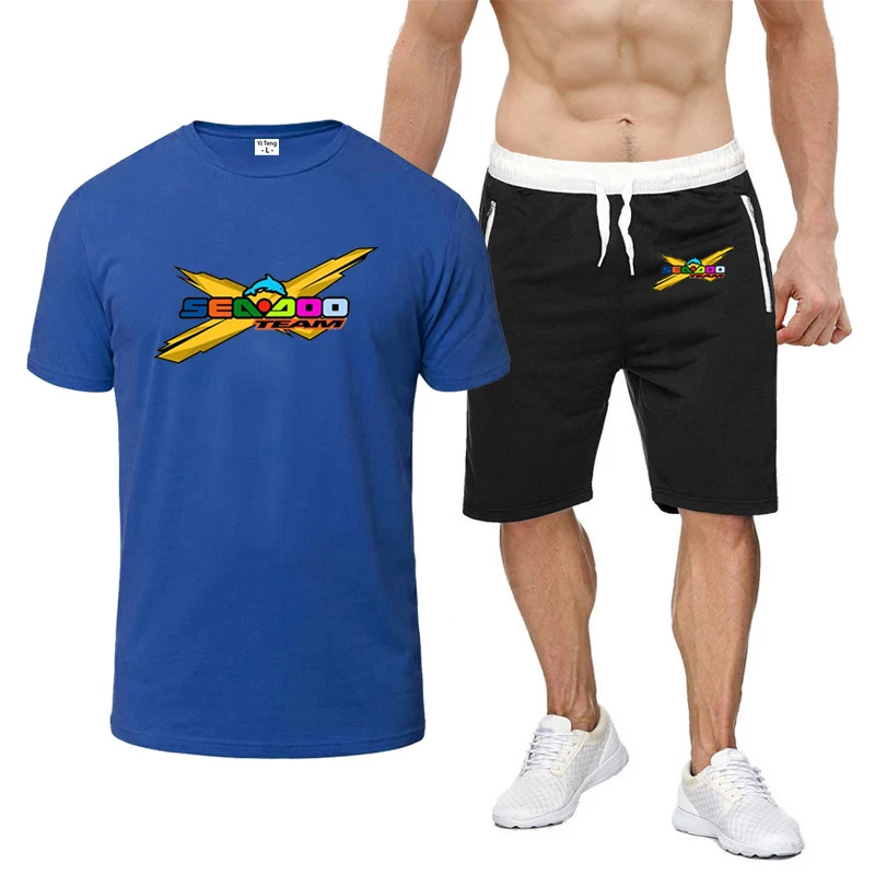 2023 Summer Sea Doo Seadoo Moto Logo printed sports round neck short-sleeved cotton top+popular sports pants solid color suit
