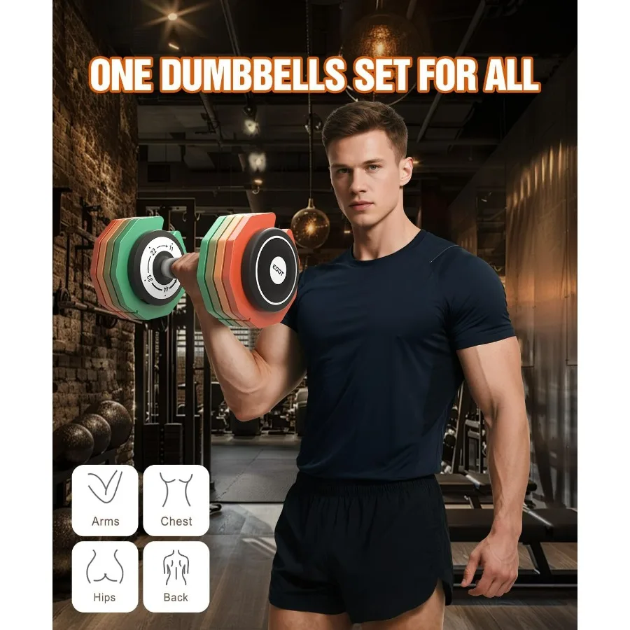 Adjustable Dumbbells Set/Single, 55LB 5 in 1 Free Adjustable Dumbbell Set with Anti-Slip Handle & Rainbow-colored Weight Plates