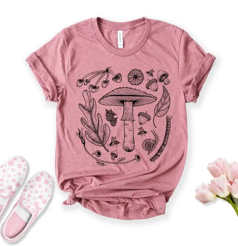 

Forest Floor Shirt Mushroom Gift for Nature Lovers T-shirts Women's Short Sleeve 100% Cotton Tees Funny Print O Neck Mama Mother