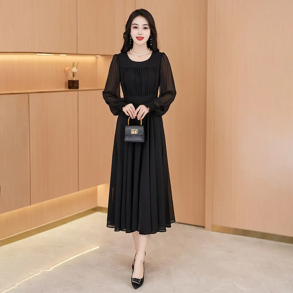 

2024 Black Elegant Dress Women Vintage Long Sleeve Spring Dresses Lady Y2K O-Neck Oversize Loose Casual Robe Streetwear Vestidos