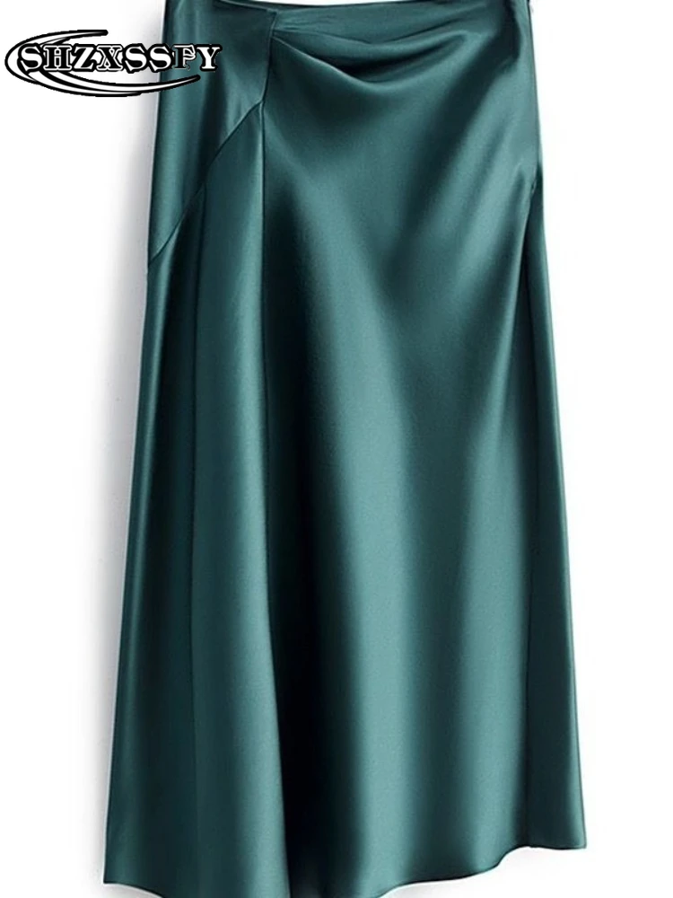 

Женская длинная юбка с завышенной талией, большой размер, монохромная, элегантный шелк, атлас, трапециевидная, миди, нерегулярная, офисная, женская, летняя