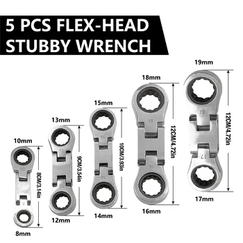 5pcs Dual Flex Head Ratcheting Wrench Set, Double Box End, Flex-Head, Stubby Metric Combination Wrench Set 1