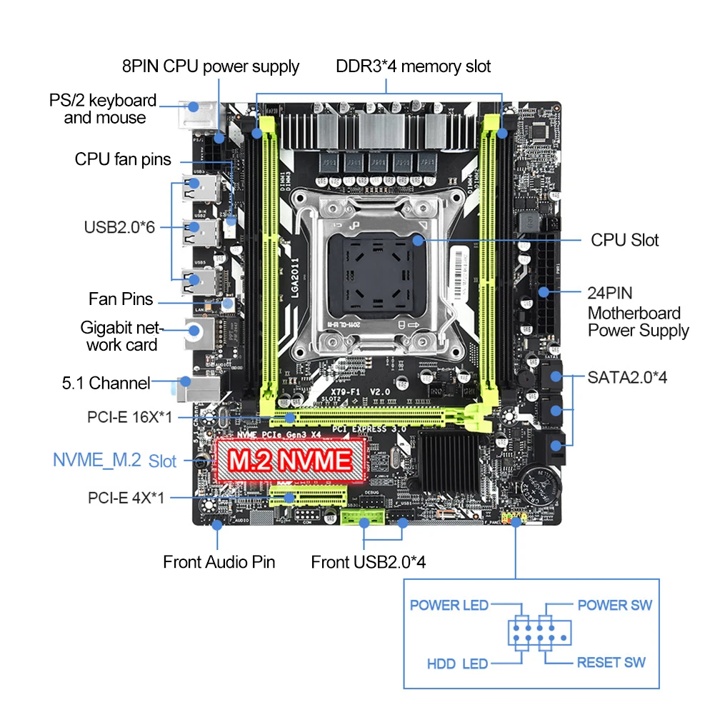X79  Ʈ, LGA2011 ޺ Xeon E5 2650 V2 CPU, 4pcs x 4GB = 16GB ޸, DDR3 ECC RAM 1333Mhz NVME M.2 