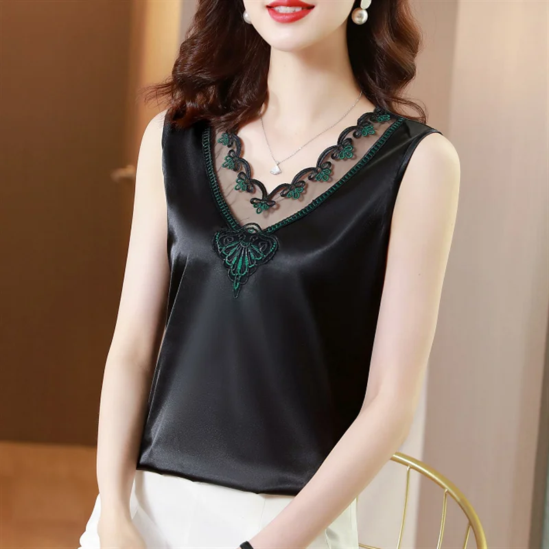 

#1223 летний черный, белый Шелковый Топ, Женский сетчатый короткий топ с V-образным вырезом и вышивкой, тонкий офисный Топ, сексуальная верхняя одежда, топы для женщин