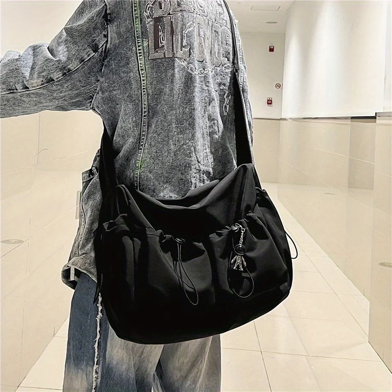 Fashion Couple Shoulder Bag with Polyester Lining, Campus Student Crossbody Bag with Side Pocket, Teen Black Nylon Messenger Bag