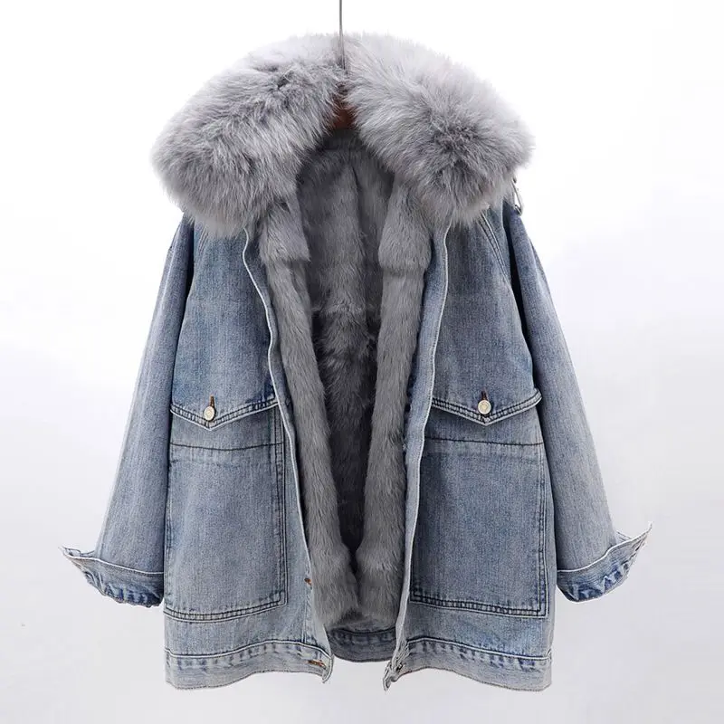 Caldo Collo Di Pelliccia Di Volpe Fodera Di Pelliccia Di Coniglio Giacca Di Jeans Femme 2024 Inverno Nuove Donne Parka Jeans Staccabili Cappotto Capis