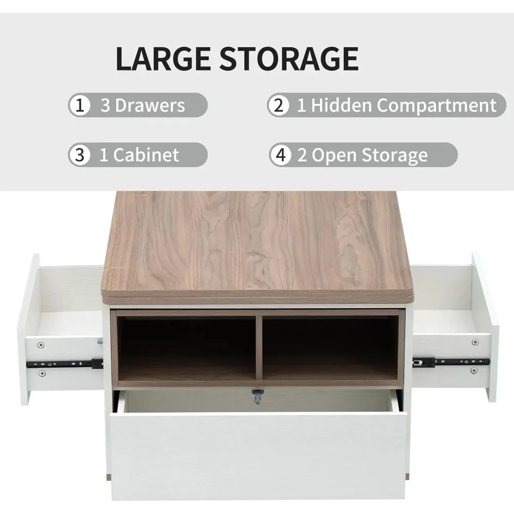 Lift Top Coffee Table with Extendable Tabletop, Storage Drawers & Cabinet 6