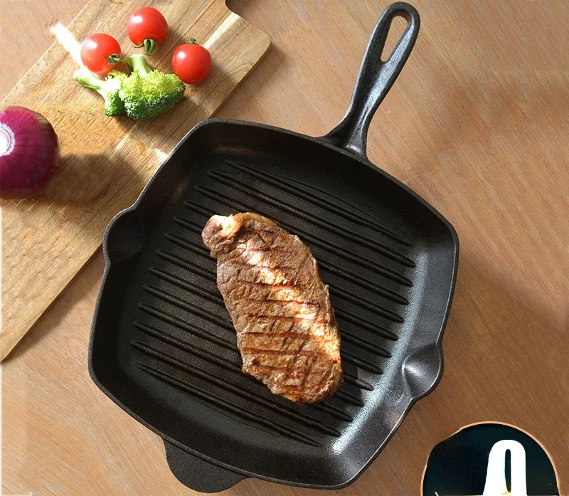 Thick Cast Iron Steak Frying Pan Stripe Uncoated Non-stick Dedicated Pan for Beef Steak Cast Iron Skillet Kitchen Pot Cookware
