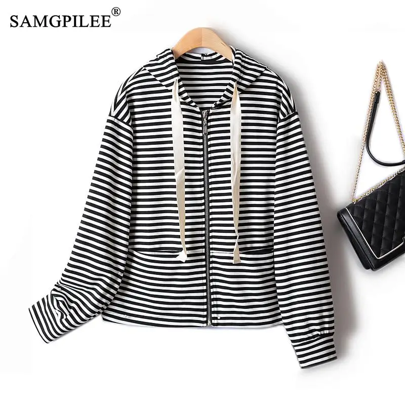 Classic Jackets For Women 2022 Autumn New Hooded Horizontal Pinstripe 