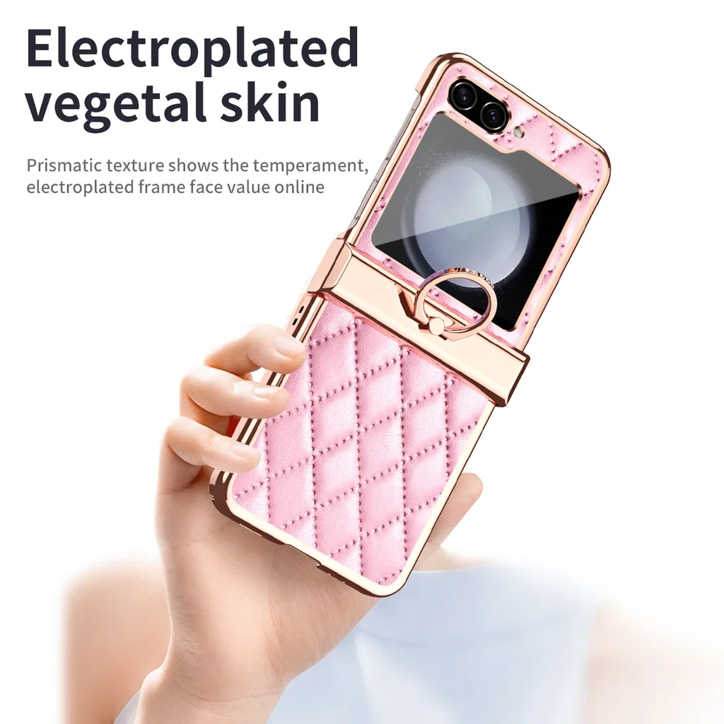 Fashion Leather Case For Samsung Galaxy Z Flip 5 Flip 4 Flip 3 5G Diamond Plating Frame With Ring Hinge Cover