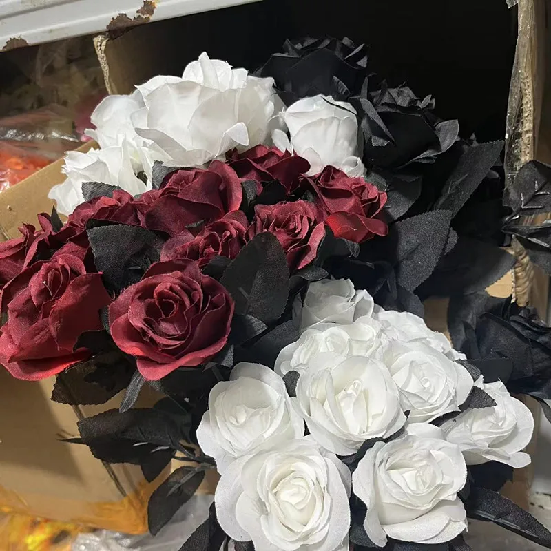 8-9cm Silk Rose Black Artificial Flower Cemetery Head Bouquet Chritmas Home  Decoration Weeding New Year Decoration