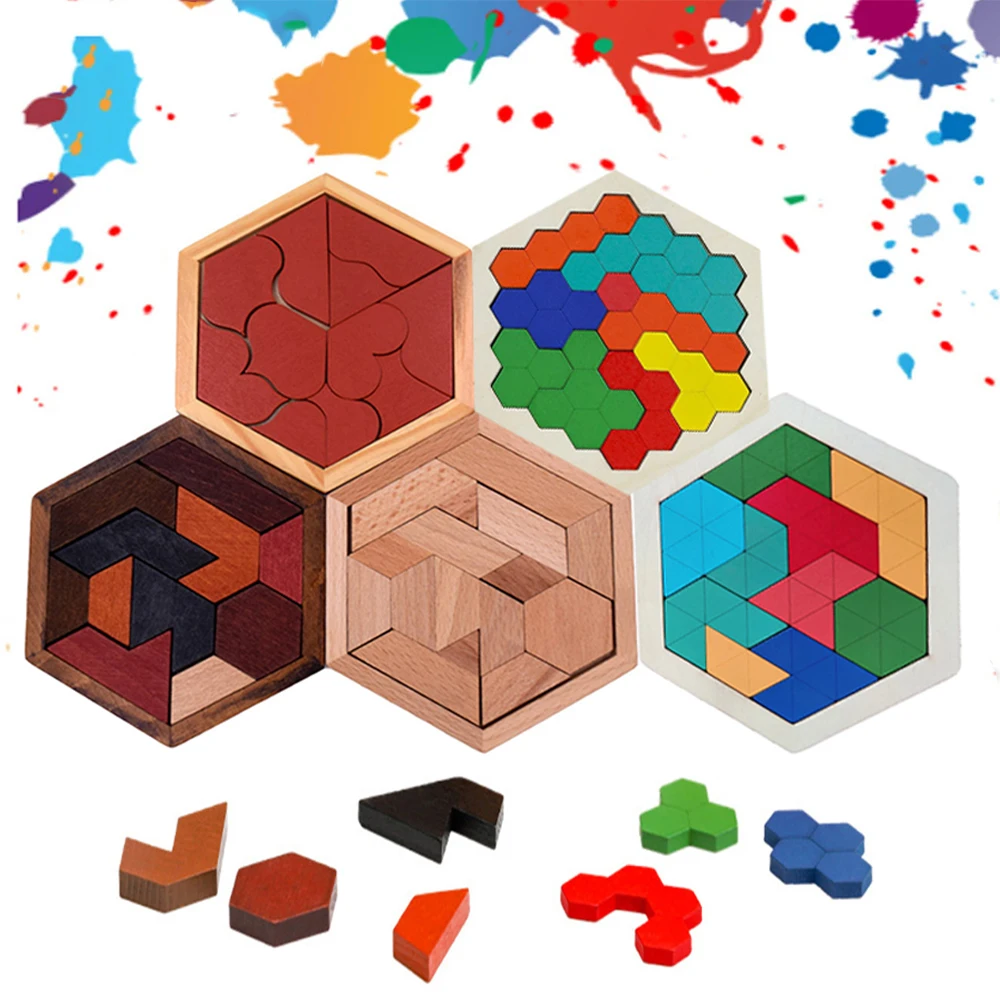 

Colourful Hexagonal Wooden Geometric Shape Jigsaw Brain Teasers Puzzles Game Board Montessori Toys Educational Intelligence Toys