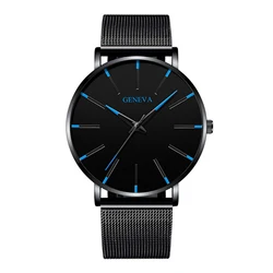 Men's Minimalist Geneva Large Dial Mesh Strap Water - Resistant Quartz Watch (Black)