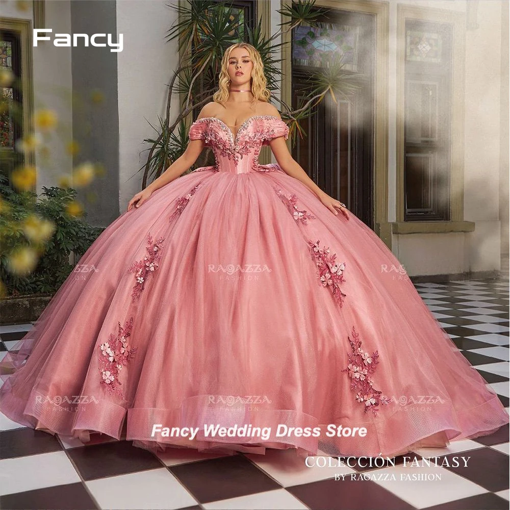 

Fancy Pink Princess 15 Quinceanera Dresses Off Shoulder V-Neck A-Line Lace Applique Bling Bling Tulle Beads Birthday Party Dress