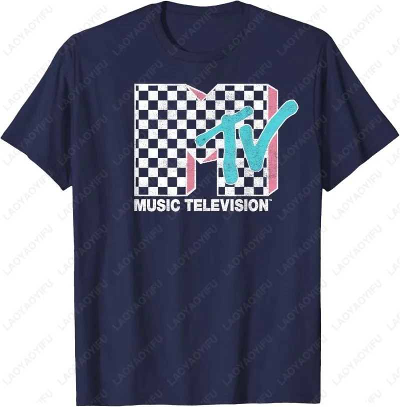 MTV Neon Distressed Checkered Logo Graphic Creative Adult Cotton Shirt MUSIC Television Retro Mens 1980's 1990'S Cool Trend Tops