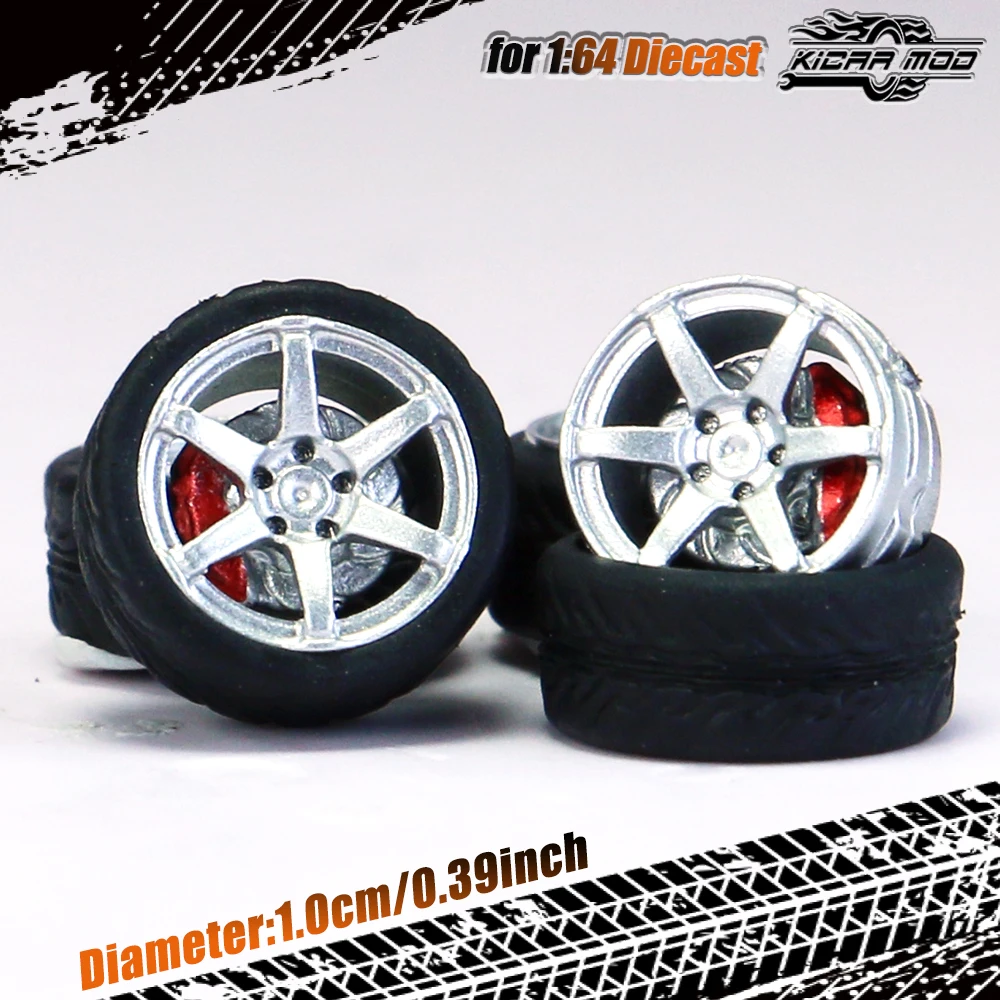 Kicarmod 1/64 Model Car ABS Wheels with Rubber Tire Brake Disc Refitting Parts Diameter 10mm For Model Car Tomica MINI GT