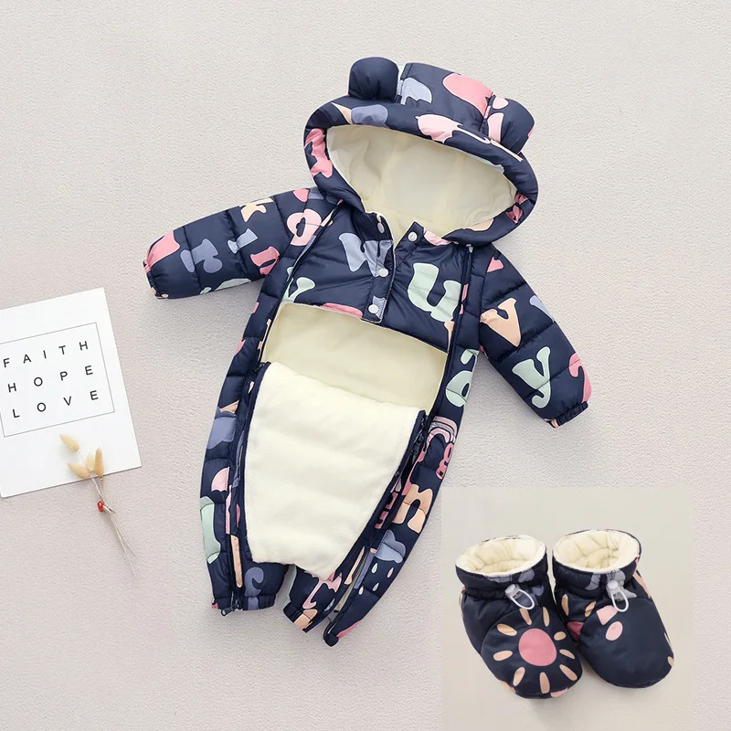 NewbornBabyJumpsuitHoodedPlusVelvetWarmwinterwearclothesBoy