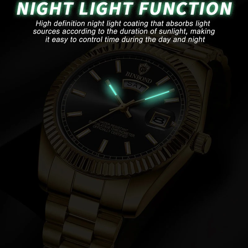 BINBOND Luxury Watch For Man Waterproof Luminous Date Week Stainless Steel Men Watch Casual Quartz Men's Watches Male Clock+box 6