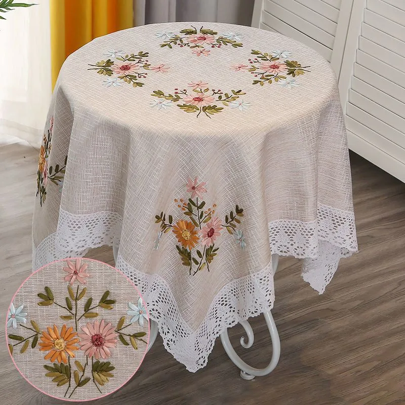 Embroidered Silk Ribbon Tea Table Cover Rectangular Square Tablecloth Handmade Towel Cloth Art Cotton Linen Rural Table Cloth
