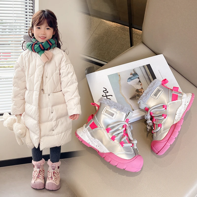 Children Sports Boots with Thick Fur Kids Warm Boots Toes Capped Soft Bottom 2025 Winter New Boys Girls Short Boots Pull Rope