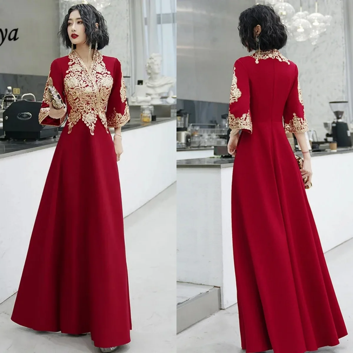 

Evening Dress Burgundy Gold Embroidery V-neck Half Sleeves Plus Size robe de soiree A-line Floor Length Women Formal Party Gowns