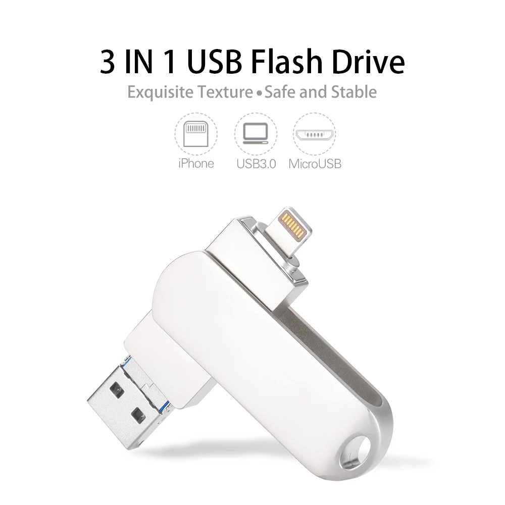 Lightning Pen Drive OTG USB 3.0 Flash Drive For Iphone ipad Android 32GB  64GB 128GB 256GB Pendrive 3 in 1 Siliver Memory Stick