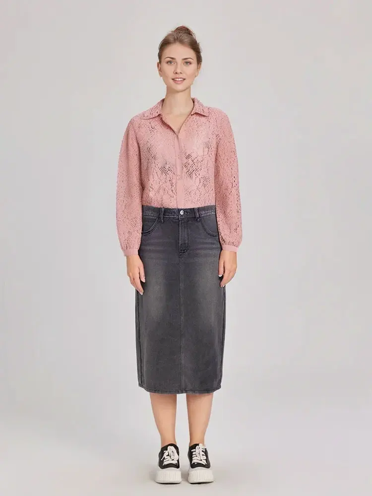 HH Women Fashion Translucent Lace Blouse Single Breasted Lapel Hollow Out Long Sleeve Shirt Summer Lady Sexy Solid Tops