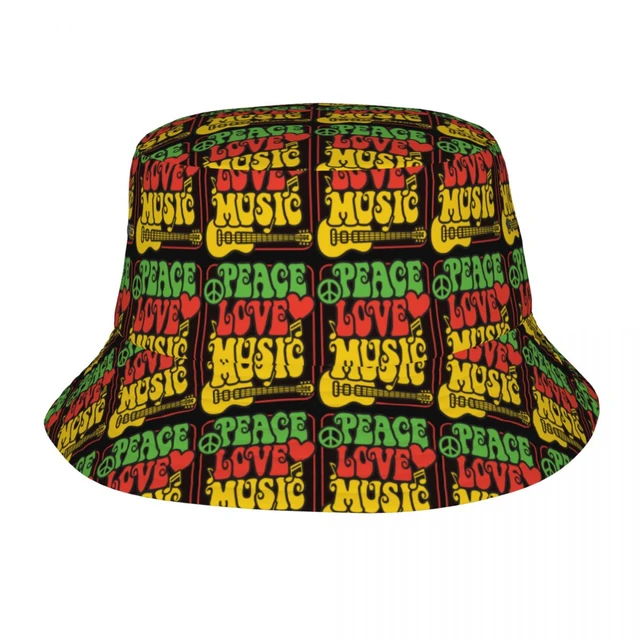Rasta Peace Love Rock Music Bucket Hat for Women Men Roll Hippie