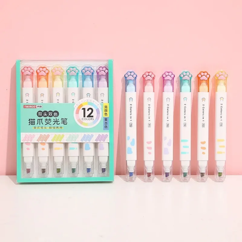 Highlighter Marker Art Marker Marker Pen 6pcs Kawaii Cat Claw Highlighters Double Head 12 Color Fluorescent Art Markers Korean Stationery Cute School Office Supplies