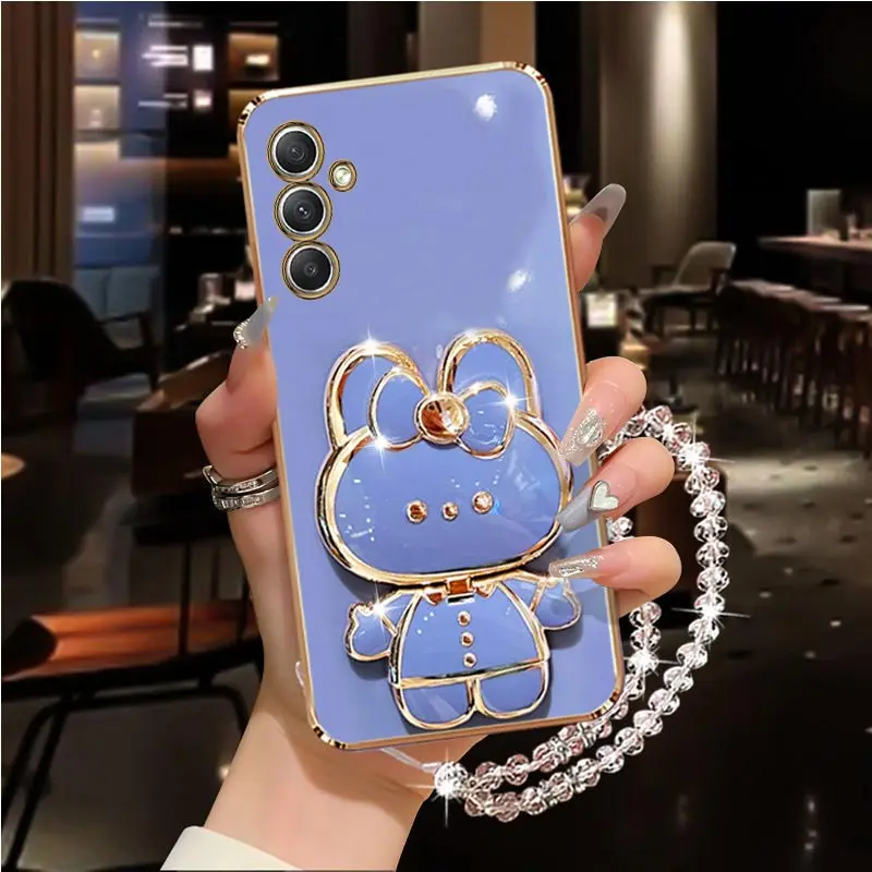 Diamond Strap Mirror Rabbit Phone Holder Case with Stand Cover