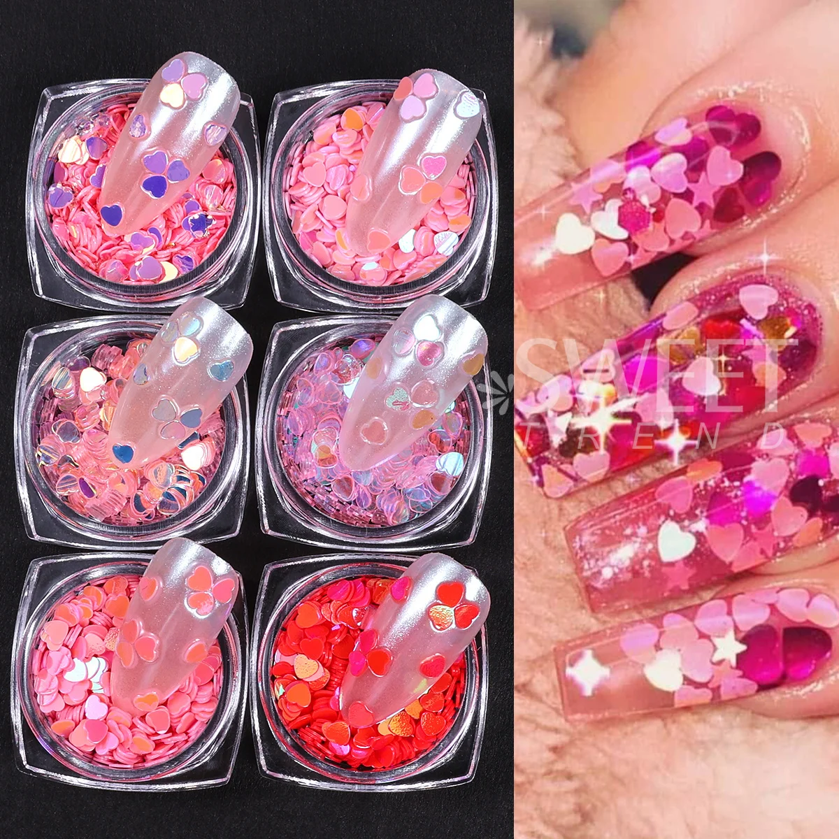 12pcs Pink Purple Series Heart Nail Sequins Iridescent Macarons Color Love Slices Spangles DIY Valentine Glitter Flakes Manicure