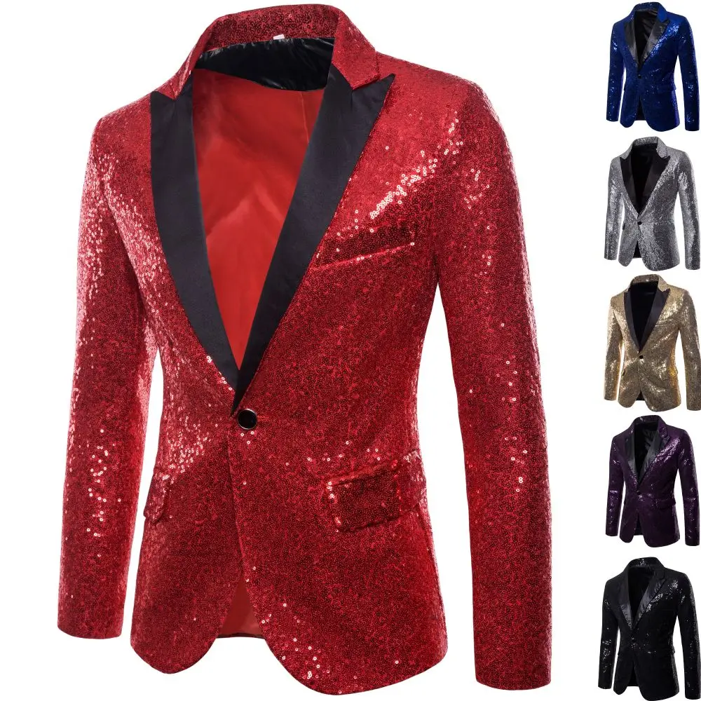 Men's Suit Round Sequin Pocket Single Row Button Wedding Groom Stage Show Hosting Dinner Menswear Bar Dance Casual Men Blazer 2