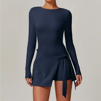 “Aveline” Elite Long-Sleeve Activewear Romper with Tie Skirt