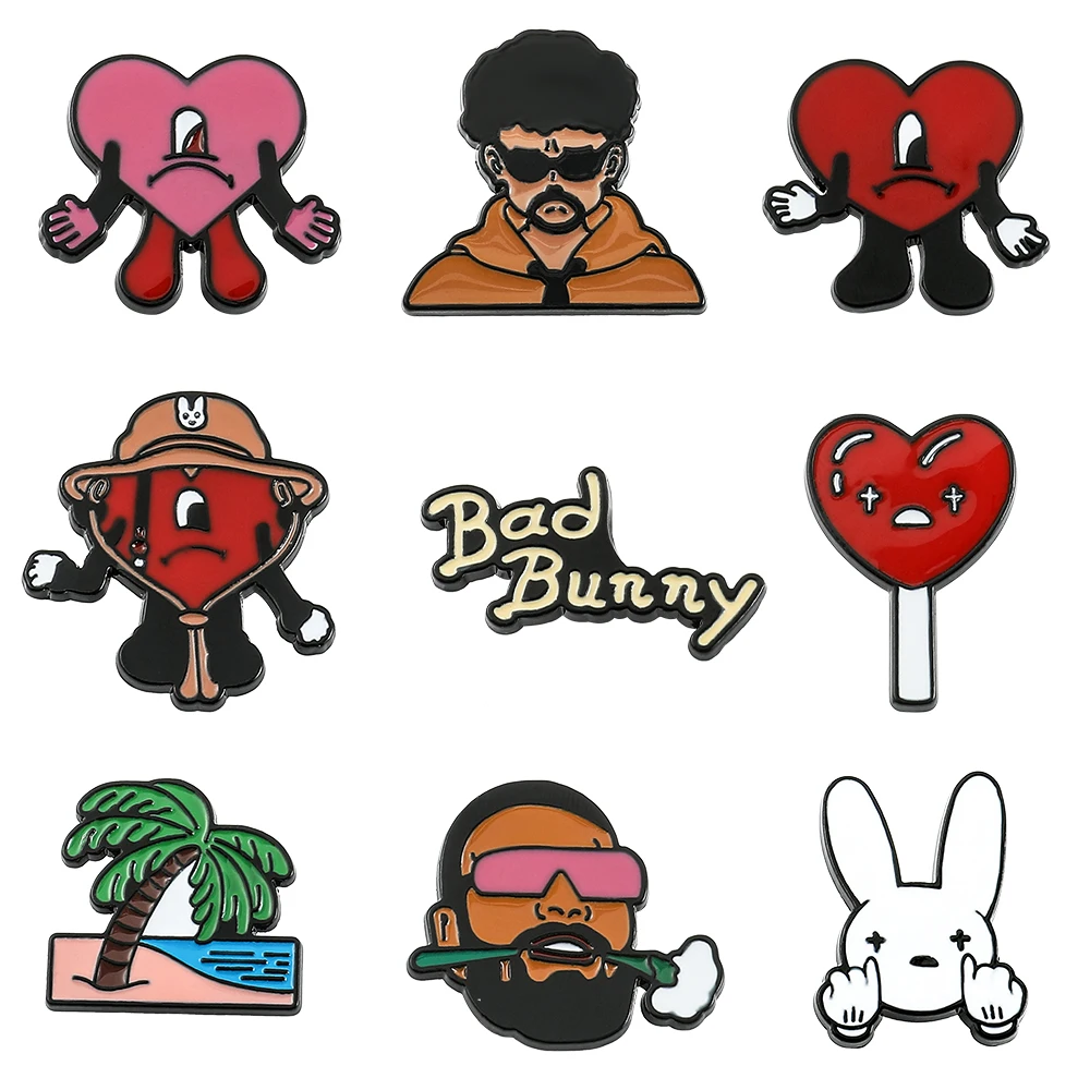 Bad Bunny Brooch Creative Jewelry Red Heart Rapper Bad Rabbit Enamel Pin Clothing Backpack Pins