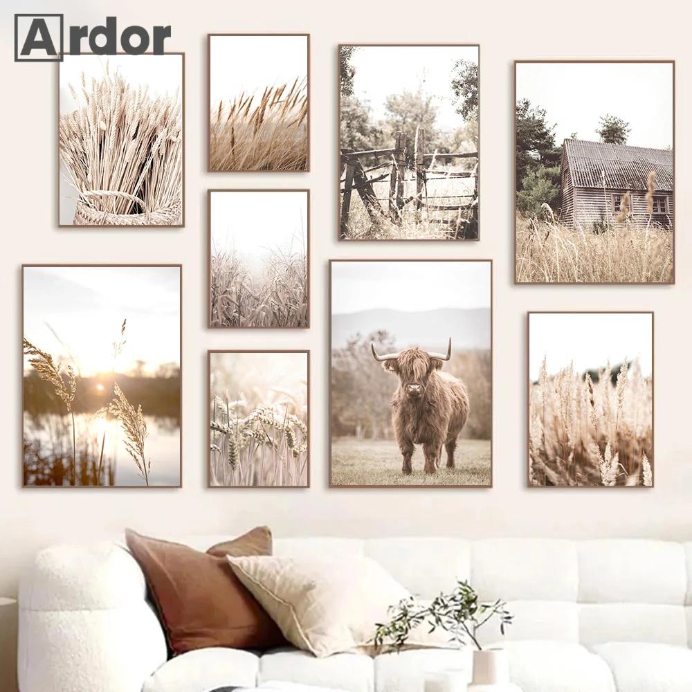 

Beige Scenery Wall Painting Hay Wheat Reed Posters Canvas Painting Cow Art Prints Nordic Poster Wall Pictures Living Room Decor