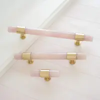 คริสตัลสีชมพูธรรมชาติตู้มือจับทองเหลือง T บาร์ลิ้นชักลูกบิดหรูหราตู้เสื้อผ้าโมเดิร์นเฟอร์นิเจอร์ฮาร์ดแวร์ 128 มม.96 มม. 3