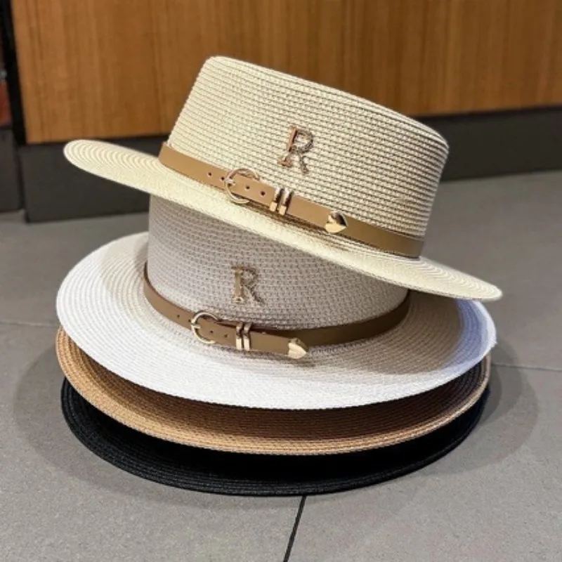 Metal R Letter Buckle Straw Hat Women's Sun Hat for Leisure Summer Travel